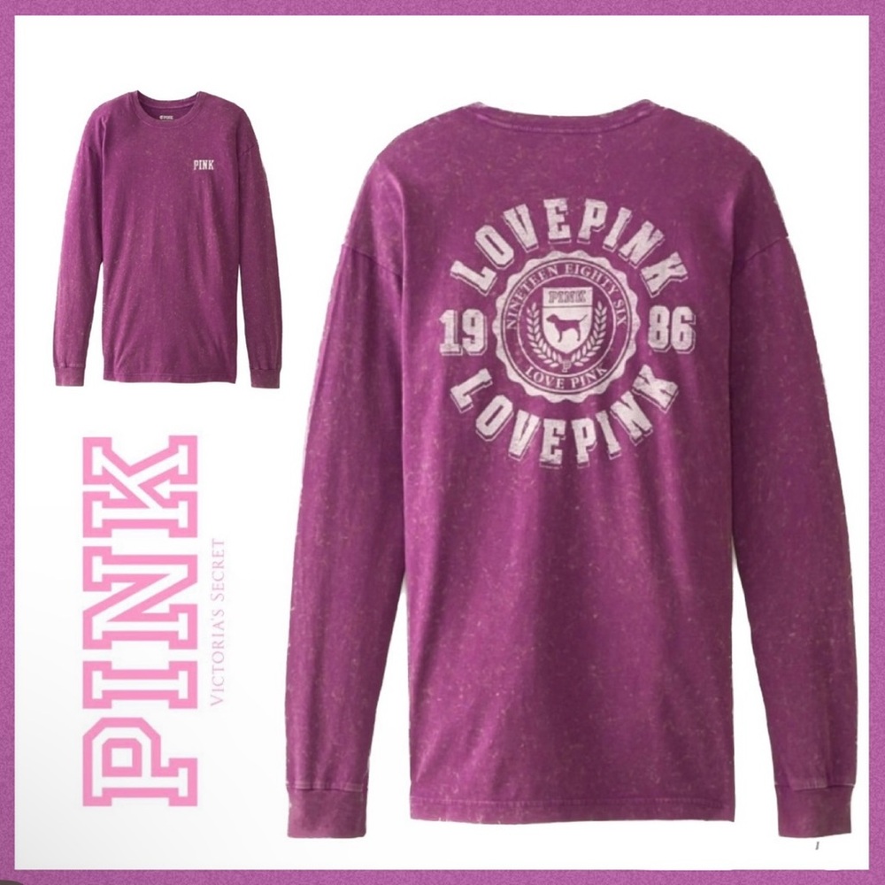 Victoria's Secret Pink Campus Tee Long Sleeve Crew Neck Fuchsia - Medium